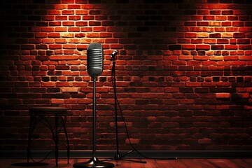 Background brick wall with stand up comedy stage microphone. Concept banner for open mic monologue. Generative AI - obrazy, fototapety, plakaty