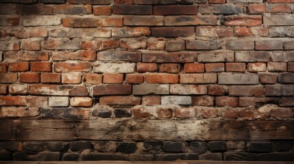 An aged brick wall showcasing varying shades of red, brown, and gray bricks interspersed with patches of eroded mortar and a wooden beam at the bottom.