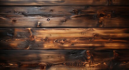 A rustic texture of charred wooden planks with natural grain patterns and knots. The wood has been treated to enhance its deep brown and rich amber hues, texture, background - obrazy, fototapety, plakaty