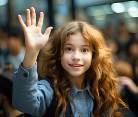 A young girl with radiant, curly blonde hair waving or raising her hand amidst a crowd, drawing attention with her captivating gaze.