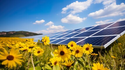 Solar Panels Amidst Blooming Wildflowers - obrazy, fototapety, plakaty