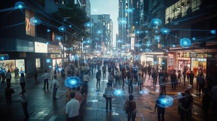bustling urban scene at twilight, fear trust freedom, security camera, people walking on the streets. Overhead, futuristic holographic nodes and connections illustrate a network or digital data flow