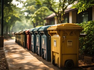 A row of colorful waste bins lined up on a pathway, surrounded by trees and under the soft glow of sunlight.