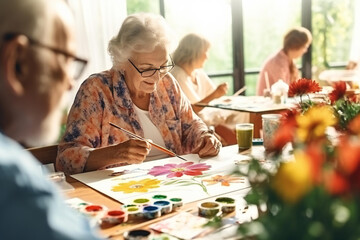 A group of senior citizens engaged in artistic activities, activities for seniors concept. men and women enjoy painting with a brush, sitting around the table, having a good time together
