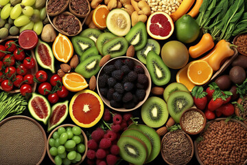 Health and wellness-related food, superfoods, organic food, vegan food, High fiber health food concept with superfoods high in antioxidants, omega 3, vitamins & protein. Flat lay. Top view.