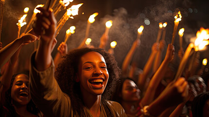 young African people with torches in their hands celebrate exuberantly on the street