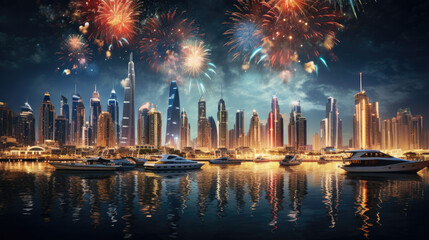 New Year's Eve fireworks over a modern, Arab city - obrazy, fototapety, plakaty