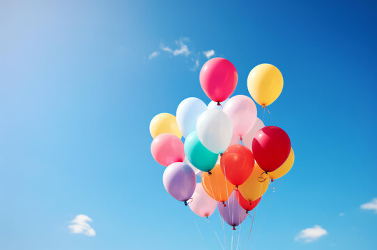 Multicolored balloons in the blue sky, the concept of happy birthday in summer, and wedding honeymoon party