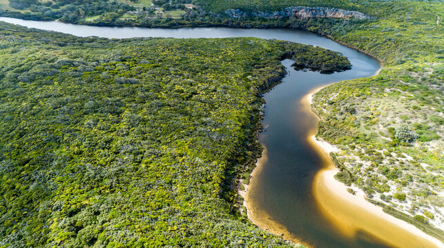 Aerial view of the Margaret River winding through scrub country.