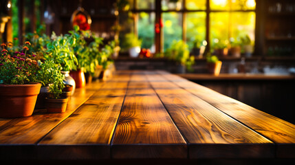 Pusty drewniwny blat stołu kuchennego na zamazanym tle. - obrazy, fototapety, plakaty