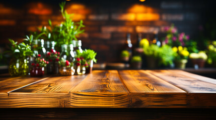 Pusty drewniany blat stołu kuchennego na zamazanym tle. - obrazy, fototapety, plakaty