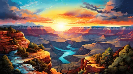 Fotobehang Beautiful scenic view of grand canyon national park during sunrise or sunset. Colorful watercolor painting. © Tepsarit