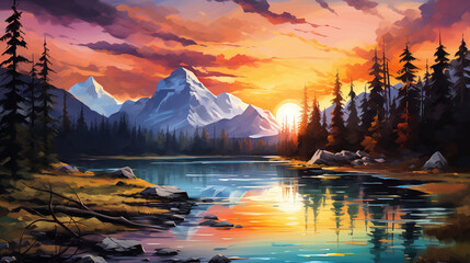 Beautiful scenic view of banff national park during sunrise or sunset. Colorful watercolor painting. - obrazy, fototapety, plakaty