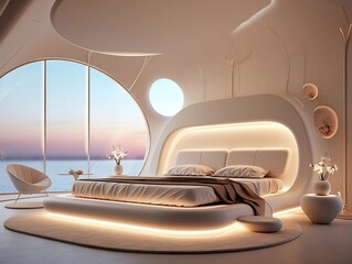 Futuristic modern luxury bedroom with very modern furniture generative ai