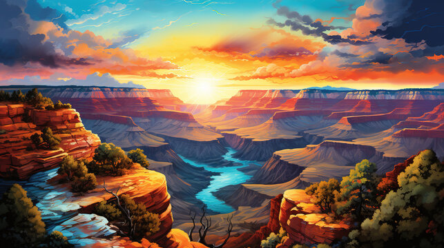 Beautiful scenic view of grand canyon national park during sunrise or sunset. Colorful watercolor painting.
