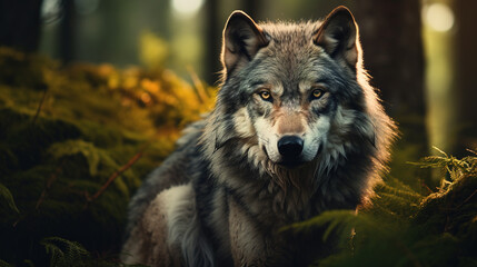 Naklejka na ściany i meble Portrait of gray wolf in the forest.