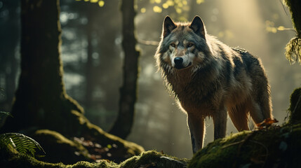Portrait of gray wolf in the forest.