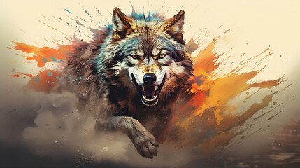 Angry wolf illustration. Mixed grunge colors style.