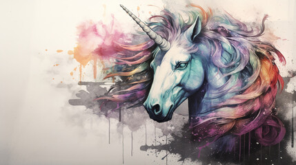 Illustration of unicorn in mixed grunge colors style.