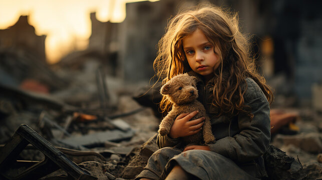 Sad little girl with her teddy bear, sitting in the ruin of the city from war and explosion. Buildings are destroyed by bomb. Victim from war.