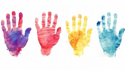 Set watercolor painting and a colorful handprint on a white background. 