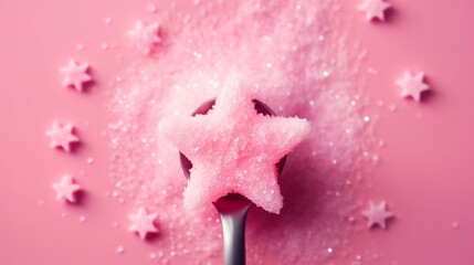 Star shaped Sugar sprinkles and paint brush on pink background, creativity concept.