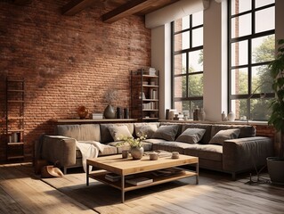 Naklejka na ściany i meble 3D model of modern brick walls living room with couches and large windows generative ai
