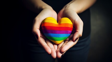 Stock photos for National Coming Out Day. Images of the rainbow LGBT pride flag in the form of a heart. Stock image of female hands forming a rainbow heart. Poster for Coming Out Day,