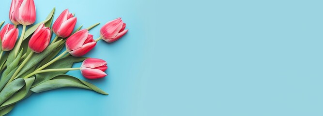 Fototapeta premium Bouquet of red tulip on blue Background. Top view with copy space.