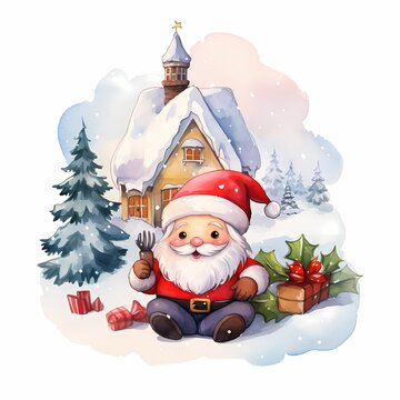 cute cartoon santa claus with Christmas tree setting in countryside village as the background and  watercolor painted