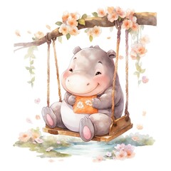 Cute happy baby rhino on swings in the tree in watercolor style.
