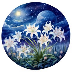 Watercolor fairy lilies blooming under a starry night sky on a white background.