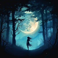 Forest moon silhouette with fairy shining in the night sky on a white background.
