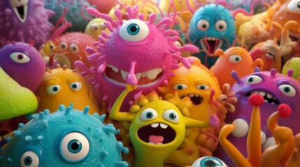 Fototapeta na wymiar The picture shows a cluster of brightly colored, 3D-rendered squishy monsters with exaggerated proportions and amicable looks that evoke playfulness and a sense of childlike amazement. 