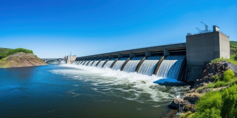 Hydroelectric dam generating green energy from flowing water.