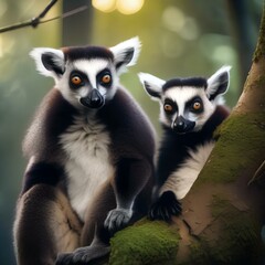 Naklejka premium A group of lemurs holding a masquerade ball in the treetops, with vibrant masks and twinkling lights1