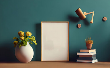 Mock up photo frame green wall mounted on the wooden cabinet 3d rendering. 