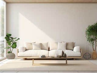 Modern living room home interior design with beige white sofa couch and daylight from window generative ai