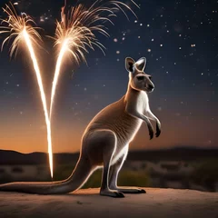 Tuinposter A kangaroo lighting sparklers with its powerful tail as the stars twinkle above the Outback5 © Ai.Art.Creations