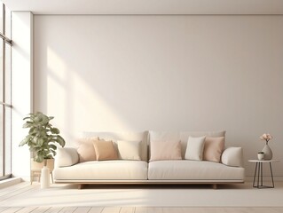 Modern living room home interior design with beige white sofa couch and daylight from window generative ai