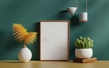 Mock up photo frame green wall mounted on the wooden cabinet 3d rendering. 