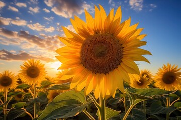Obraz premium Sunflowers turning toward the sun in the soft morning light.