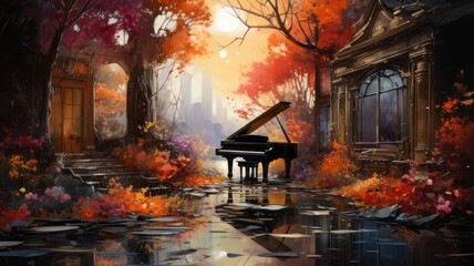 a piano in the autumn landscape - obrazy, fototapety, plakaty