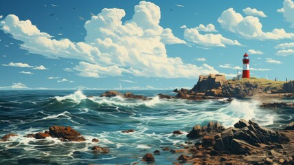 A lighthouse against a blue sky and sea as an illustration