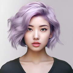 Asian young woman with lilac hair, portrait on a white background. Cute close-up model. Bright hair coloring.