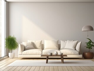 Modern living room home interior design with beige white sofa couch and daylight from window generative ai