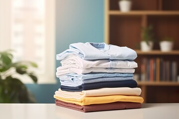 Stack of clean clothes on table in room.