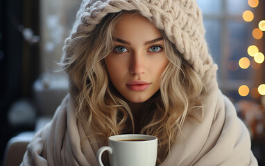 Portrait of a woman drinking coffee in winter