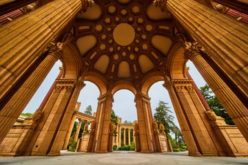 Central path through open air rotunda with ceiling at Palace of Fine Arts with Roman colonnade