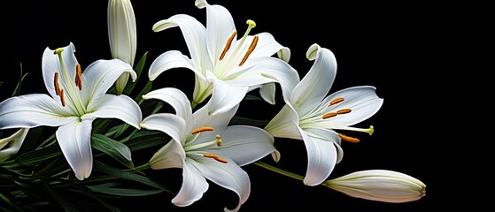 White lily flowers on black background.